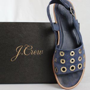 J. Crew Blue Suede Slingback Sandals with Gold Grommets